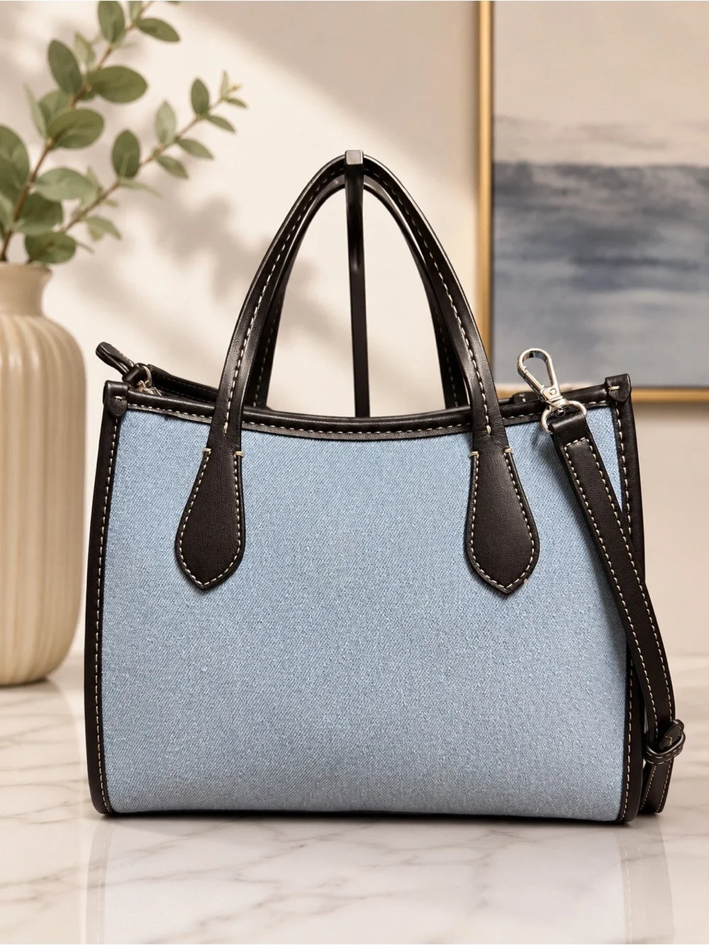 DKNY Blue Patchwork Denim Tote with Black Trim New